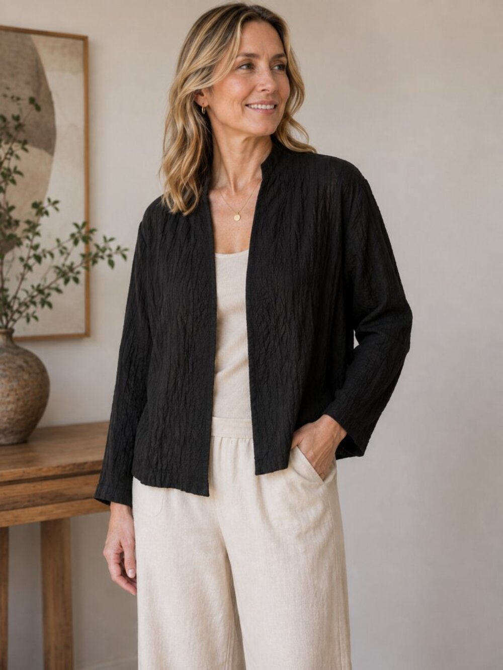 Eileen Fisher Silk Crinkle Textured Open Front Black Jacket Blazer Cardigan PL